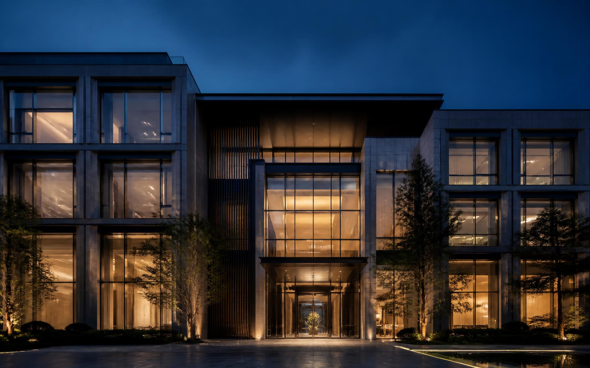 Empreendimento imobiliário corporativo ao entardecer